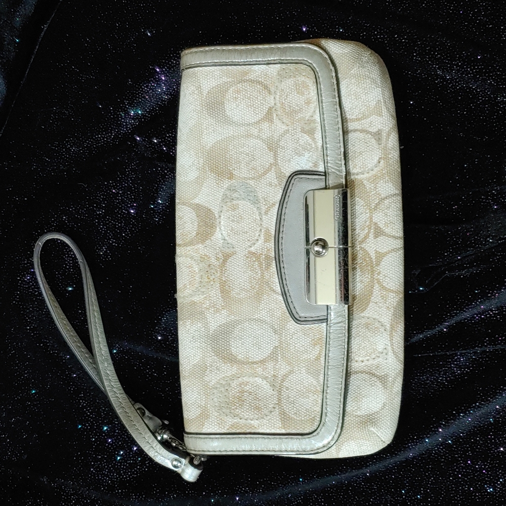 Coach Cream and Silver Wristlet Clutch